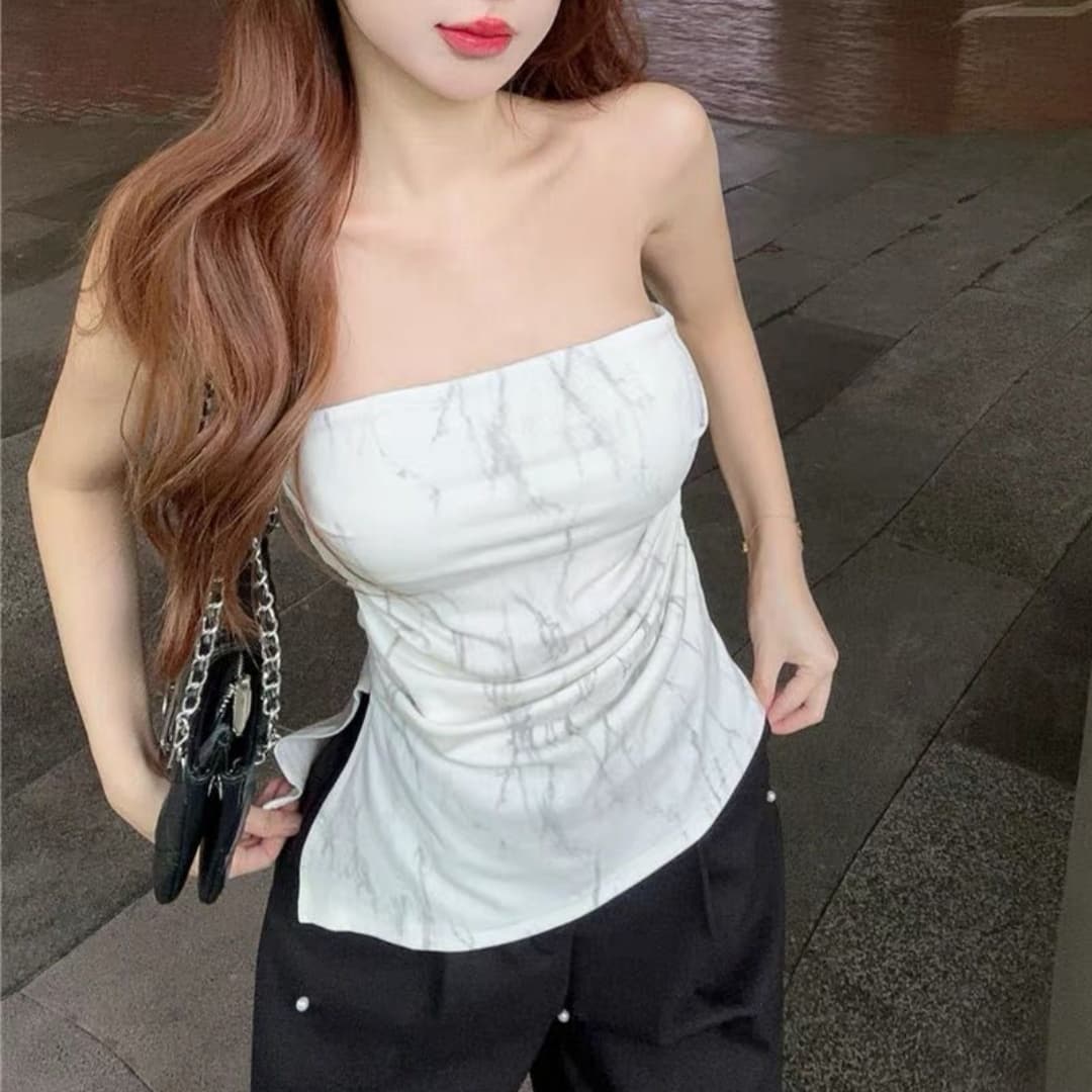 불규칙 트임 캐미솔 여름 태국 사람 스타일 작은 대중 달콤한 핫걸 오프숄더 튜브탑 맨위 포장 가슴 외출용 이미지 3