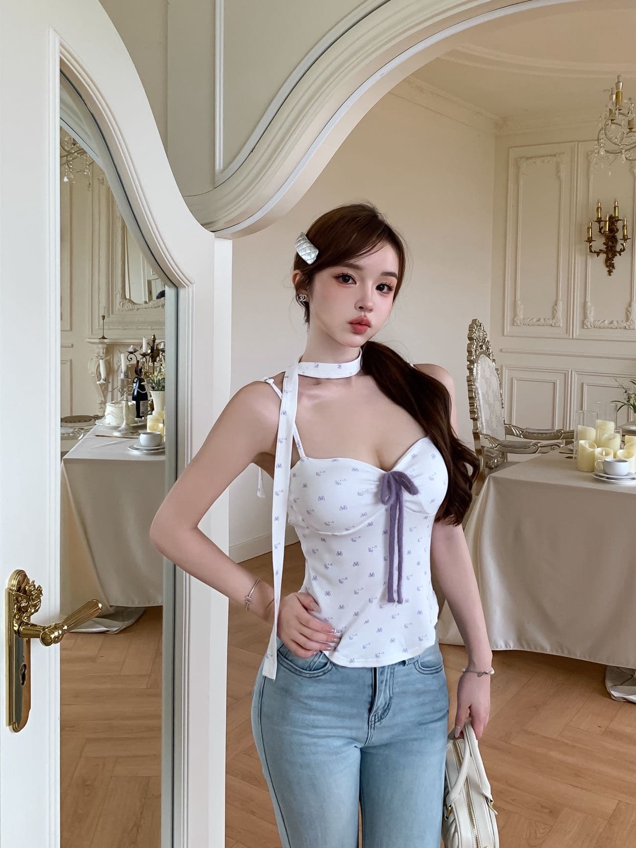 한 레이스업 가슴 패드 순수한 욕망 핫걸 꽃무늬 행침 목 슬립 아름다움 뒤로 좋은 어깨끈 슬림해 보이는 다용도 수 있습니다. 외출용 여성 조끼 상세 이미지 3