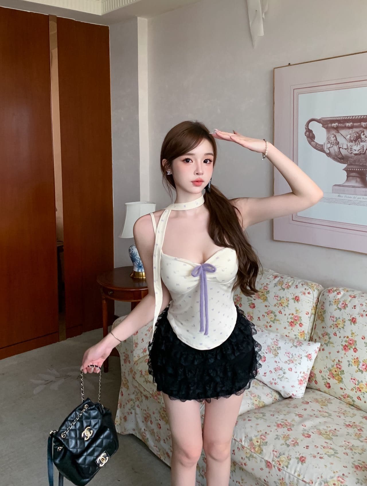 한 레이스업 가슴 패드 순수한 욕망 핫걸 꽃무늬 행침 목 슬립 아름다움 뒤로 좋은 어깨끈 슬림해 보이는 다용도 수 있습니다. 외출용 여성 조끼 상세 이미지 10
