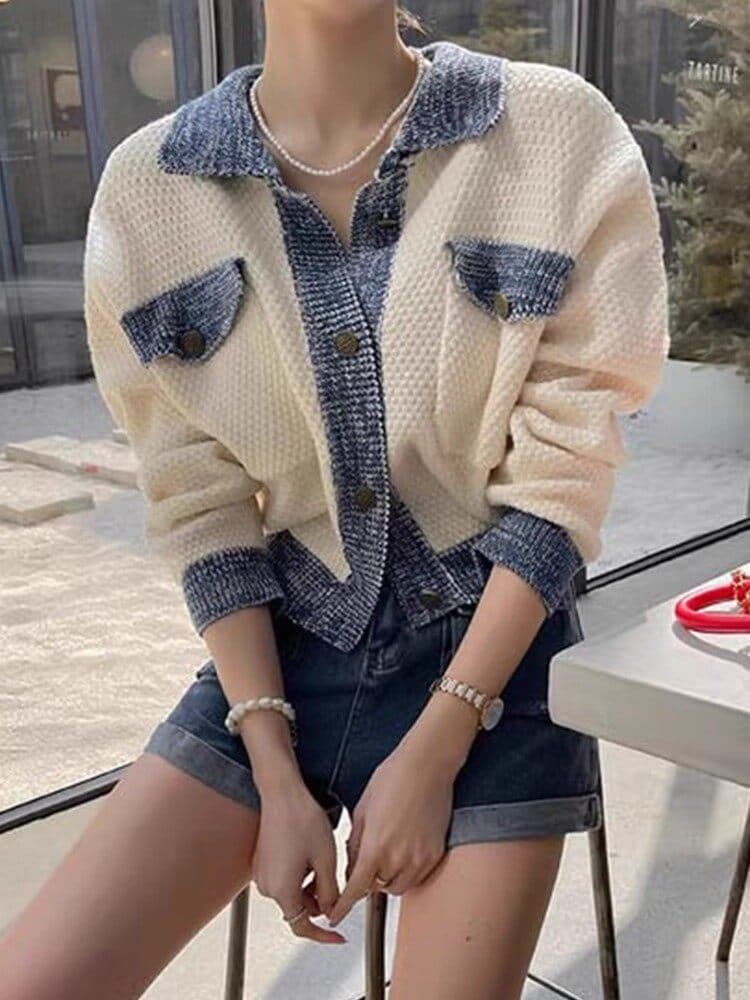한 부서 패치워크 배색 연령 감소 작은 샤넬 스타일 polo 니트 오픈 가디건 스웨터 여성 코트 봄 가을 쇼트 스타일 맨위 상세 이미지 1