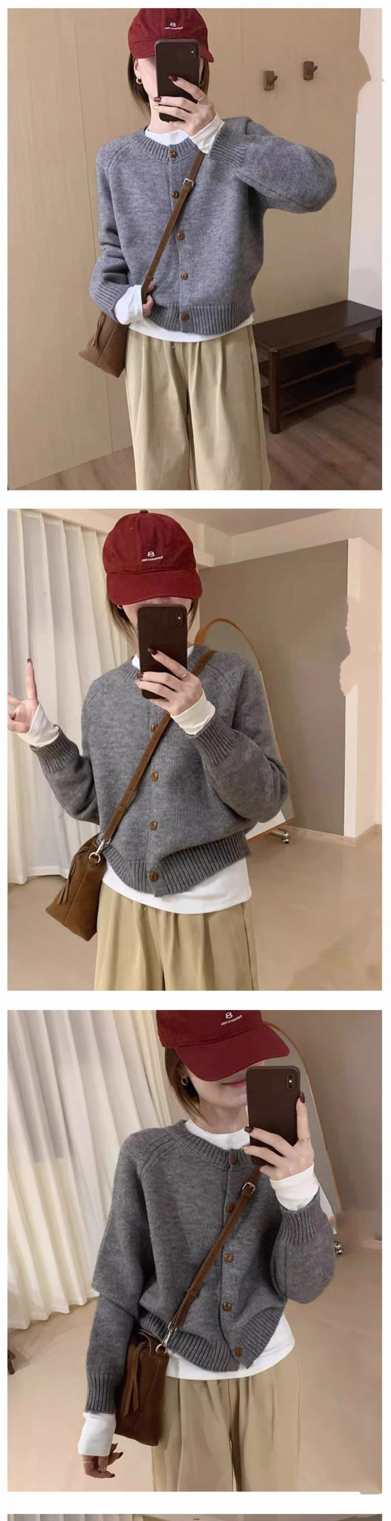 한 부서 가을 겨울 싱글 줄 버튼 단색 니트 스웨터 코트 오픈 가디건 느긋한 루즈핏 라운드 넥 가을 겨울 맨위 상세 이미지 5