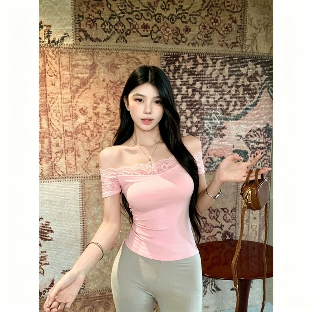 여름 새로운 순수한 욕망 바람 한 단어 오프숄더 레이스 조각 반팔 티셔츠 여성 몸매 가꾸기 원피스 벨트 가슴 패드 의류 상세 이미지 1