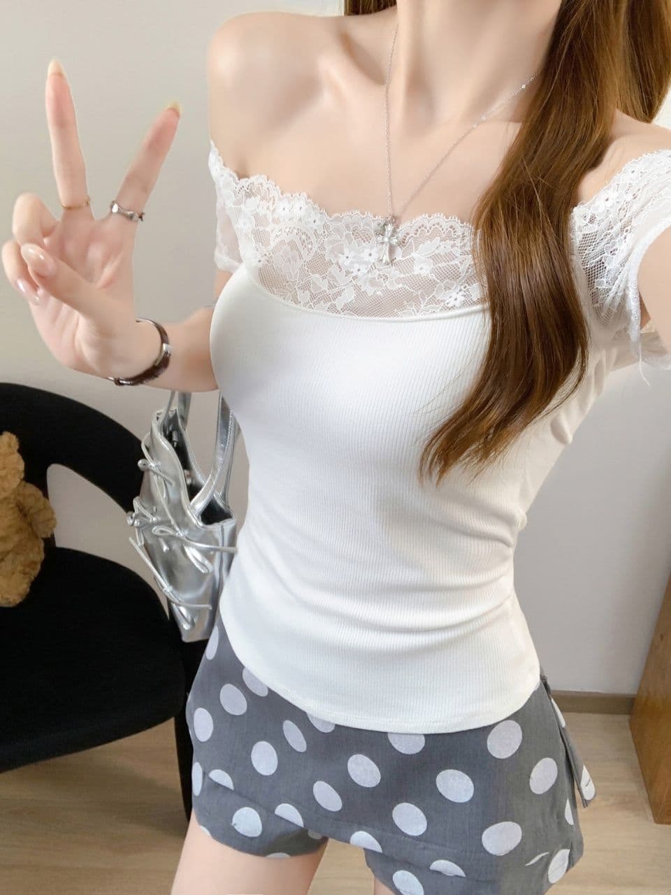 여름 새로운 순수한 욕망 바람 한 단어 오프숄더 레이스 조각 반팔 티셔츠 여성 몸매 가꾸기 원피스 벨트 가슴 패드 의류 상세 이미지 9