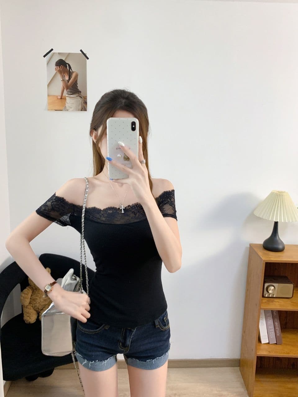 여름 새로운 순수한 욕망 바람 한 단어 오프숄더 레이스 조각 반팔 티셔츠 여성 몸매 가꾸기 원피스 벨트 가슴 패드 의류 상세 이미지 11