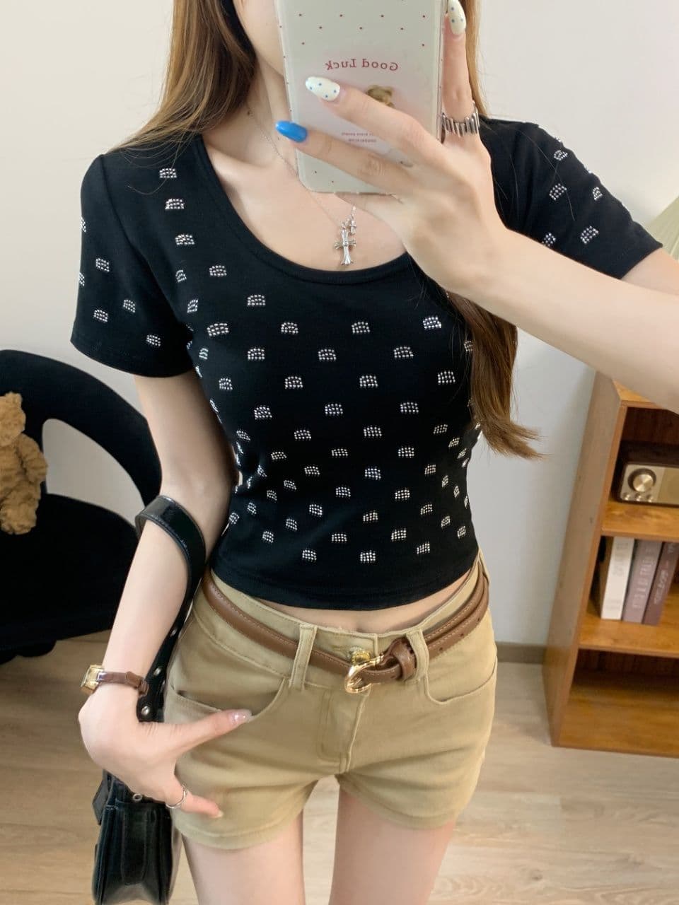 아메리칸 핫걸 바람 오프숄더 패치워크 색상 반팔 티셔츠 여성 여름 몸매 가꾸기 슬림해 보이는 벨트 가슴 패드 디자인 센스 쇼트 스타일 맨위 상세 이미지 1