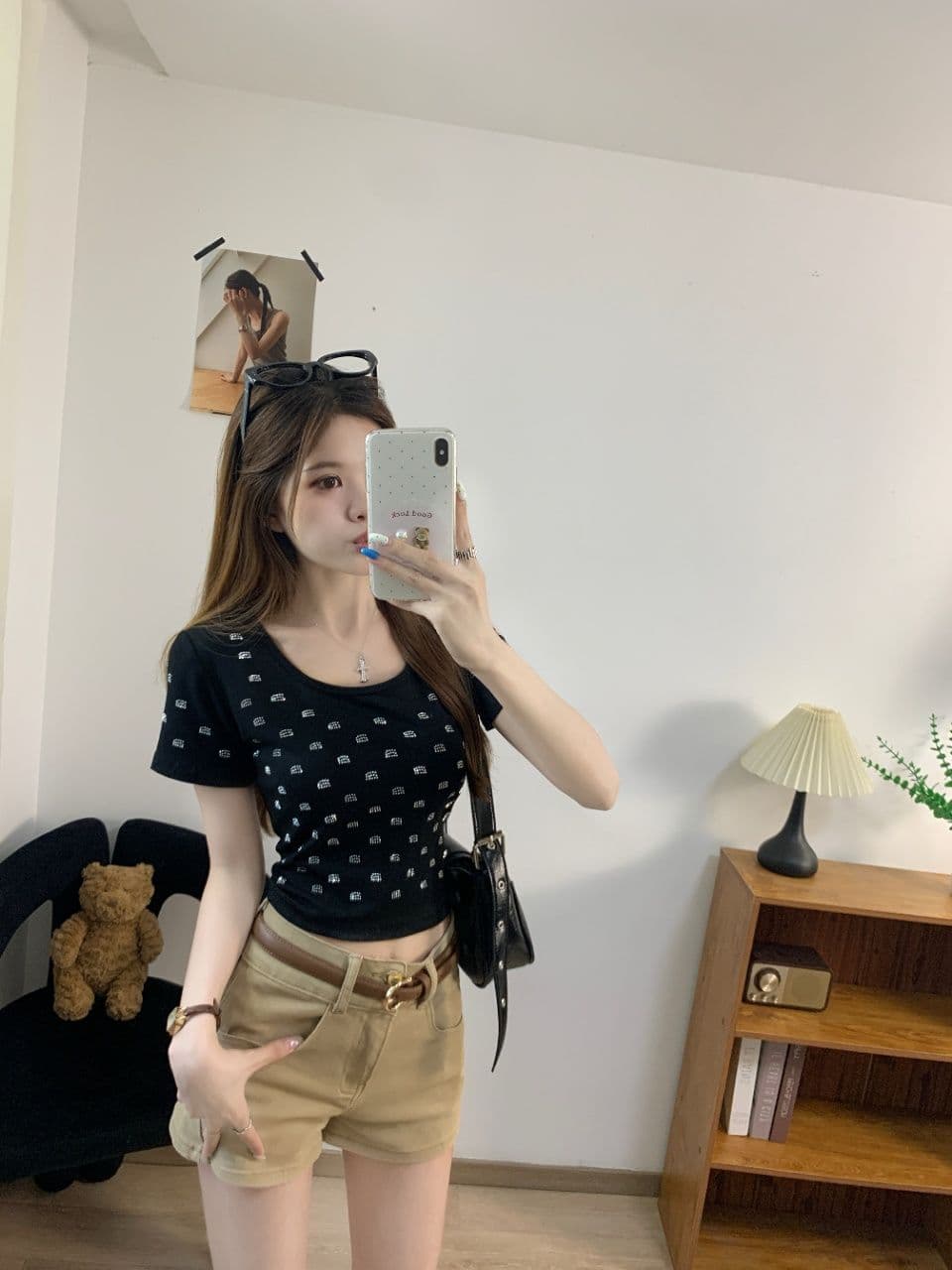 아메리칸 핫걸 바람 오프숄더 패치워크 색상 반팔 티셔츠 여성 여름 몸매 가꾸기 슬림해 보이는 벨트 가슴 패드 디자인 센스 쇼트 스타일 맨위 상세 이미지 3