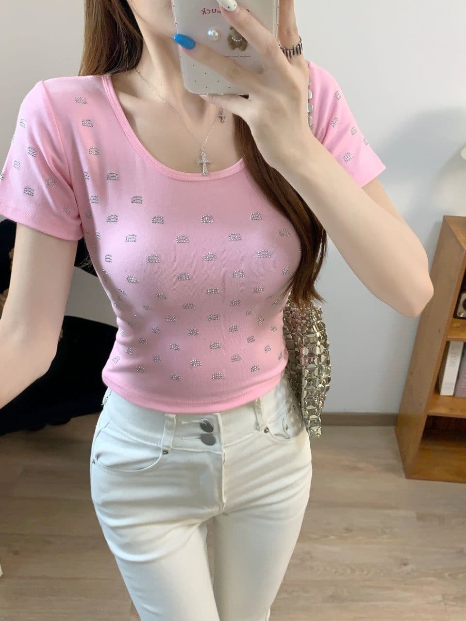 아메리칸 핫걸 바람 오프숄더 패치워크 색상 반팔 티셔츠 여성 여름 몸매 가꾸기 슬림해 보이는 벨트 가슴 패드 디자인 센스 쇼트 스타일 맨위 상세 이미지 7