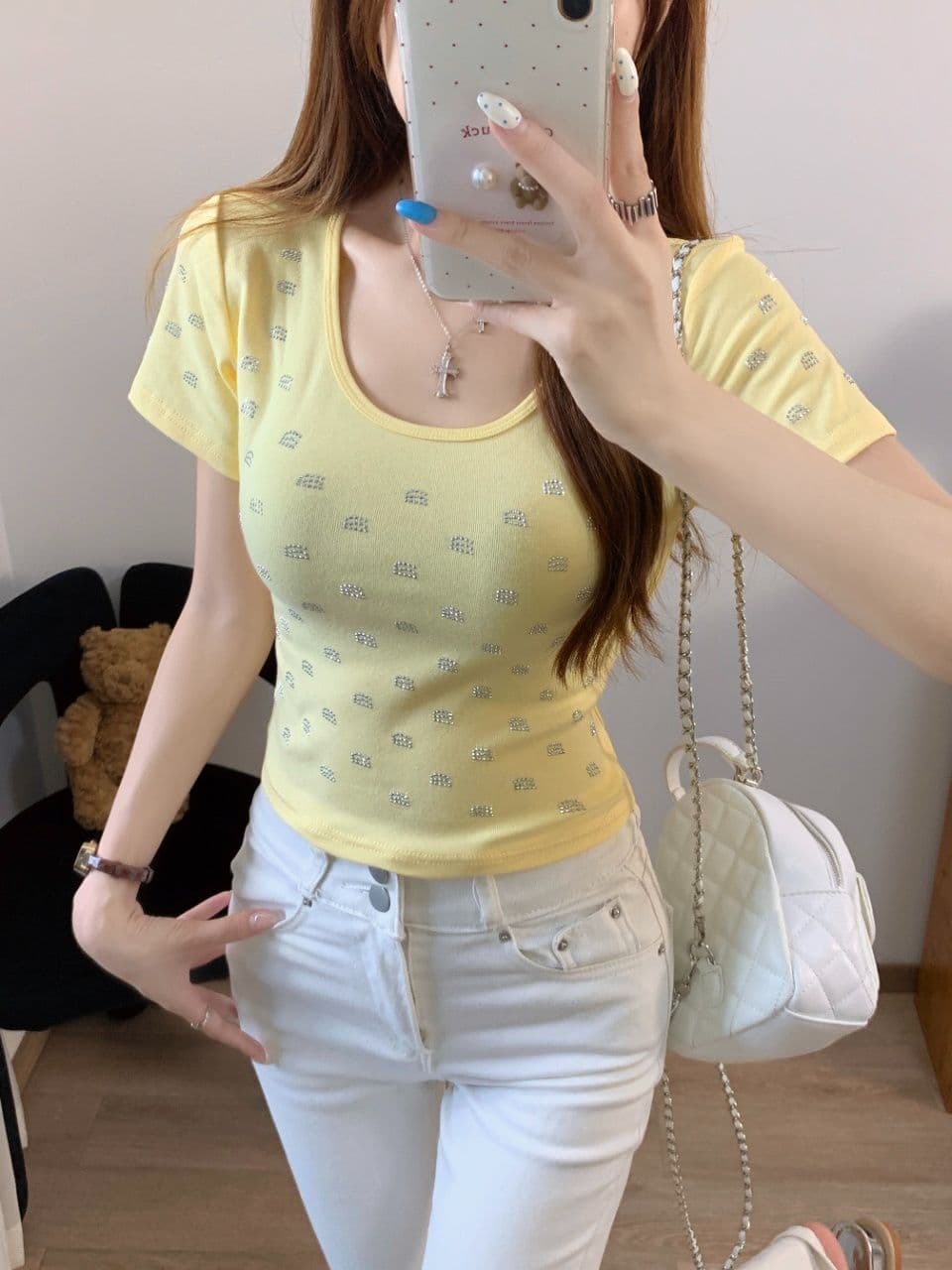 아메리칸 핫걸 바람 오프숄더 패치워크 색상 반팔 티셔츠 여성 여름 몸매 가꾸기 슬림해 보이는 벨트 가슴 패드 디자인 센스 쇼트 스타일 맨위 상세 이미지 13