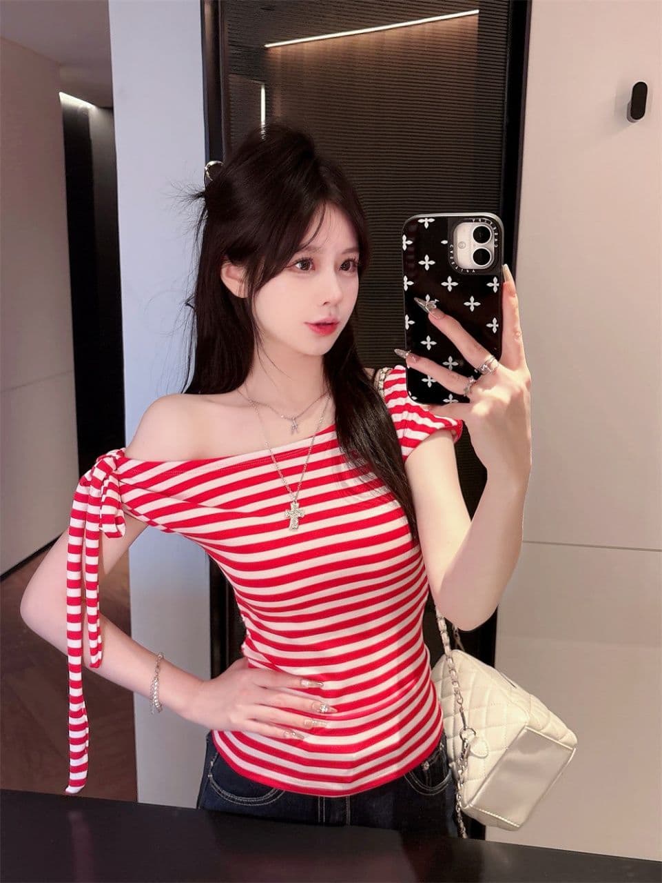 오프숄더 오프숄더 스트라이프 반팔 티셔츠 여성 여름 순수한 욕망 행침 목 리본 작은 셔츠 고유 한 아름다운 꼬집기 허리 위로 의류 상세 이미지 1