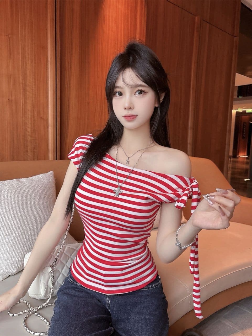 오프숄더 오프숄더 스트라이프 반팔 티셔츠 여성 여름 순수한 욕망 행침 목 리본 작은 셔츠 고유 한 아름다운 꼬집기 허리 위로 의류 상세 이미지 2