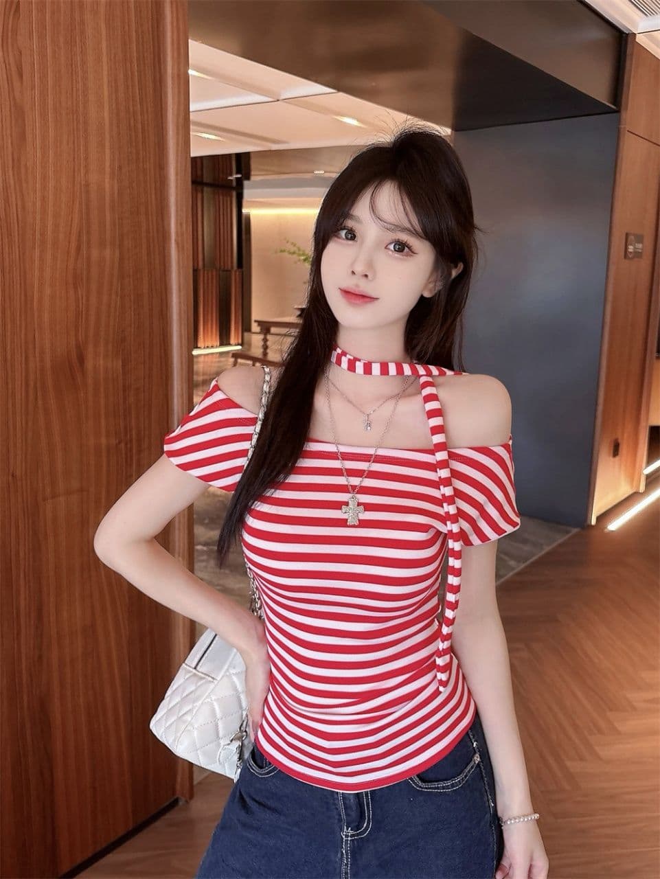 오프숄더 오프숄더 스트라이프 반팔 티셔츠 여성 여름 순수한 욕망 행침 목 리본 작은 셔츠 고유 한 아름다운 꼬집기 허리 위로 의류 상세 이미지 4
