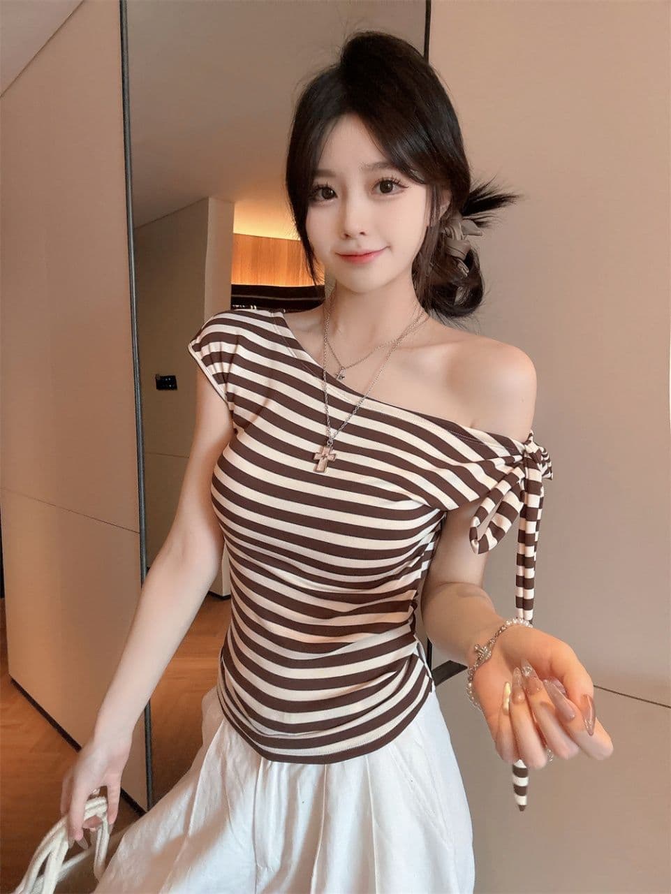 오프숄더 오프숄더 스트라이프 반팔 티셔츠 여성 여름 순수한 욕망 행침 목 리본 작은 셔츠 고유 한 아름다운 꼬집기 허리 위로 의류 상세 이미지 6