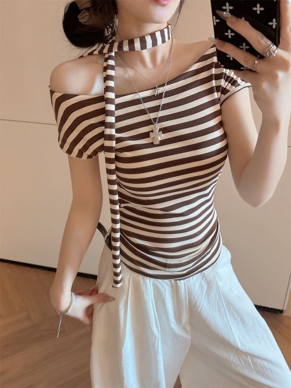 오프숄더 오프숄더 스트라이프 반팔 티셔츠 여성 여름 순수한 욕망 행침 목 리본 작은 셔츠 고유 한 아름다운 꼬집기 허리 위로 의류 상세 이미지 8