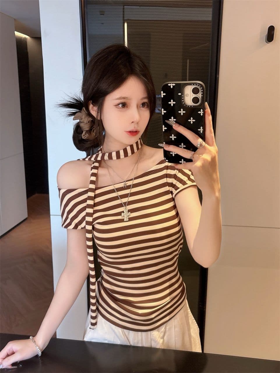오프숄더 오프숄더 스트라이프 반팔 티셔츠 여성 여름 순수한 욕망 행침 목 리본 작은 셔츠 고유 한 아름다운 꼬집기 허리 위로 의류 상세 이미지 9