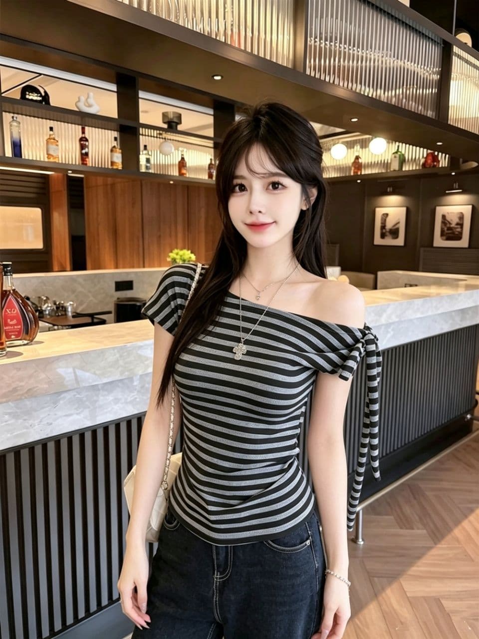 오프숄더 오프숄더 스트라이프 반팔 티셔츠 여성 여름 순수한 욕망 행침 목 리본 작은 셔츠 고유 한 아름다운 꼬집기 허리 위로 의류 상세 이미지 11