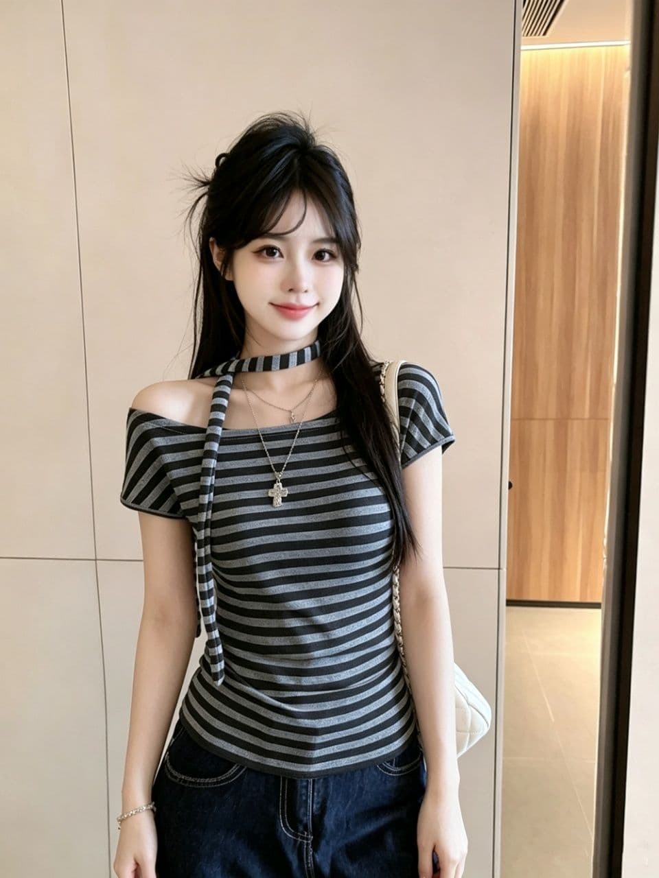 오프숄더 오프숄더 스트라이프 반팔 티셔츠 여성 여름 순수한 욕망 행침 목 리본 작은 셔츠 고유 한 아름다운 꼬집기 허리 위로 의류 상세 이미지 13