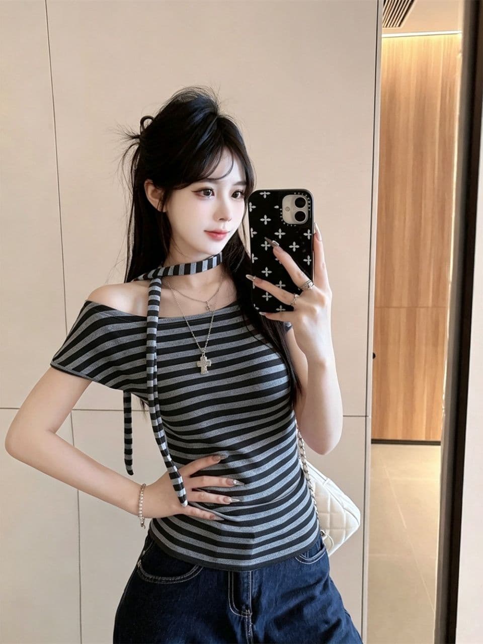오프숄더 오프숄더 스트라이프 반팔 티셔츠 여성 여름 순수한 욕망 행침 목 리본 작은 셔츠 고유 한 아름다운 꼬집기 허리 위로 의류 상세 이미지 15