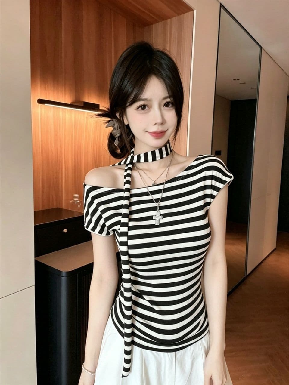 오프숄더 오프숄더 스트라이프 반팔 티셔츠 여성 여름 순수한 욕망 행침 목 리본 작은 셔츠 고유 한 아름다운 꼬집기 허리 위로 의류 상세 이미지 17