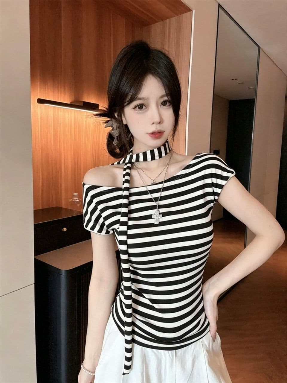 오프숄더 오프숄더 스트라이프 반팔 티셔츠 여성 여름 순수한 욕망 행침 목 리본 작은 셔츠 고유 한 아름다운 꼬집기 허리 위로 의류 상세 이미지 19