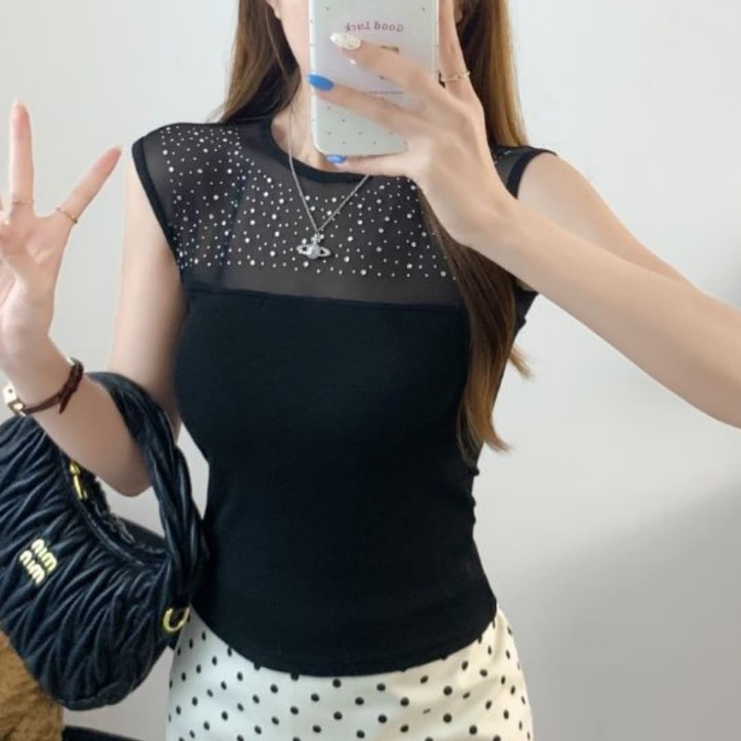 한 부서 핫픽스 망사 패치워크 민소매 티셔츠 여성 여름 순수한 욕망 바람 섹시함 품격 라운드 넥 몸매 가꾸기 슬림해 보이는 맨위 이미지 3