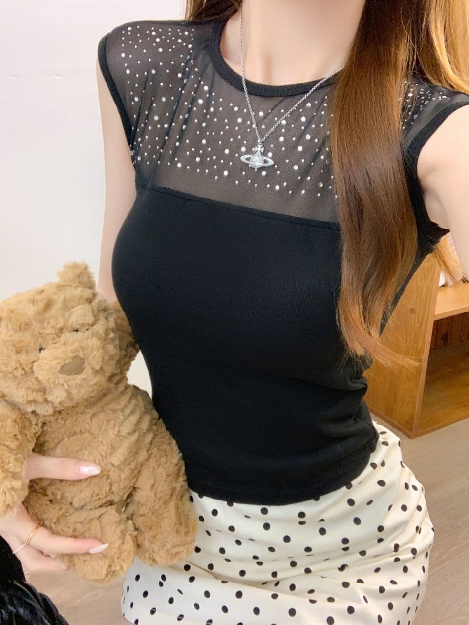 한 부서 핫픽스 망사 패치워크 민소매 티셔츠 여성 여름 순수한 욕망 바람 섹시함 품격 라운드 넥 몸매 가꾸기 슬림해 보이는 맨위 상세 이미지 1