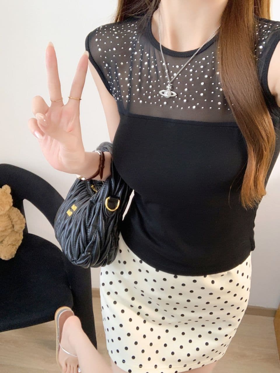 한 부서 핫픽스 망사 패치워크 민소매 티셔츠 여성 여름 순수한 욕망 바람 섹시함 품격 라운드 넥 몸매 가꾸기 슬림해 보이는 맨위 상세 이미지 2