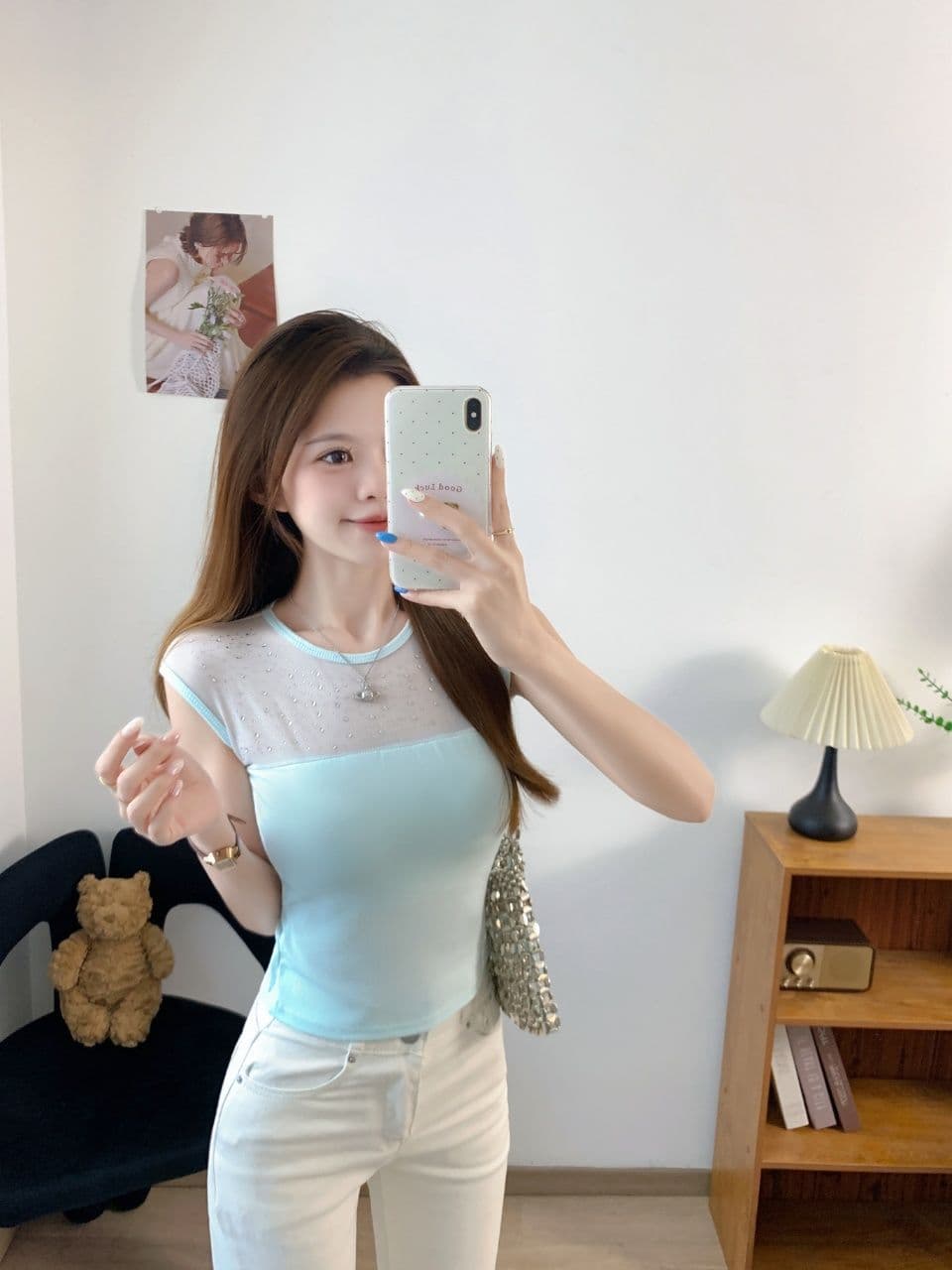 한 부서 핫픽스 망사 패치워크 민소매 티셔츠 여성 여름 순수한 욕망 바람 섹시함 품격 라운드 넥 몸매 가꾸기 슬림해 보이는 맨위 상세 이미지 6