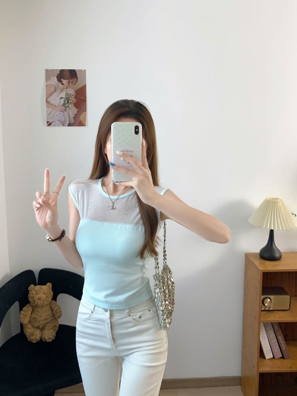 한 부서 핫픽스 망사 패치워크 민소매 티셔츠 여성 여름 순수한 욕망 바람 섹시함 품격 라운드 넥 몸매 가꾸기 슬림해 보이는 맨위 상세 이미지 8