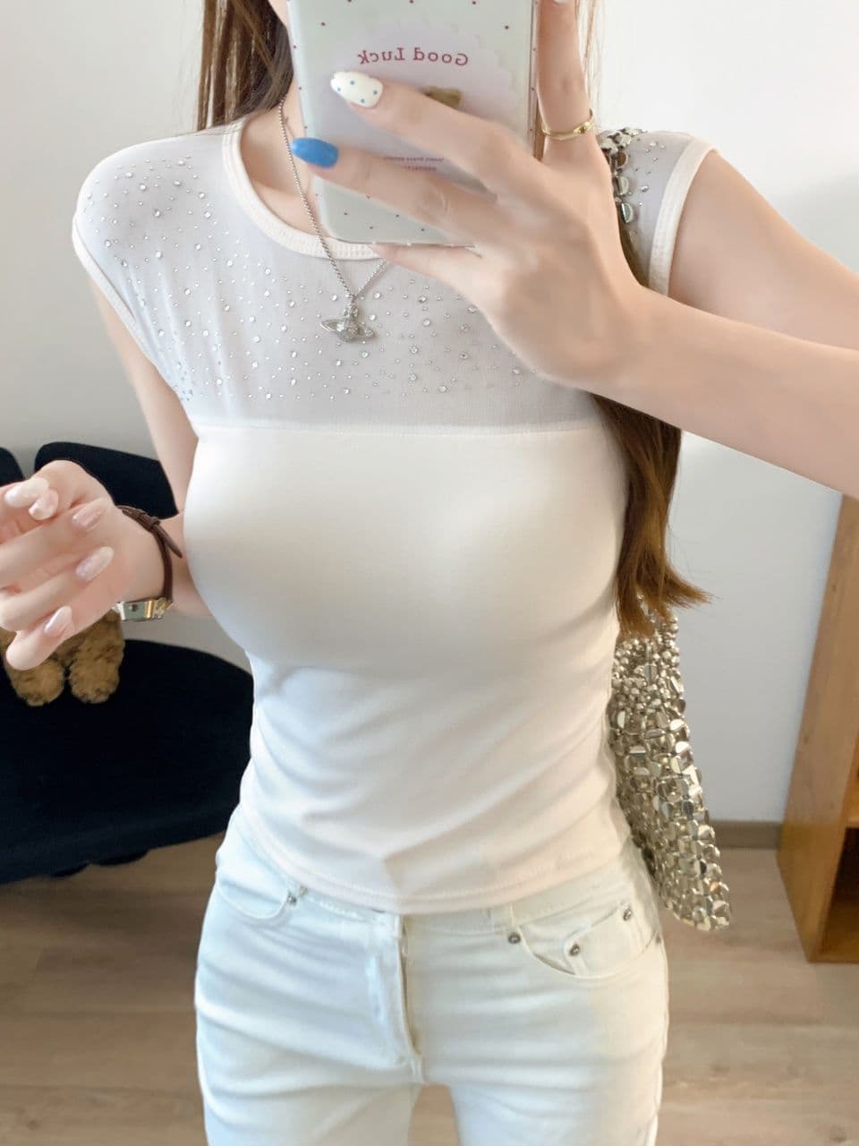 한 부서 핫픽스 망사 패치워크 민소매 티셔츠 여성 여름 순수한 욕망 바람 섹시함 품격 라운드 넥 몸매 가꾸기 슬림해 보이는 맨위 상세 이미지 10