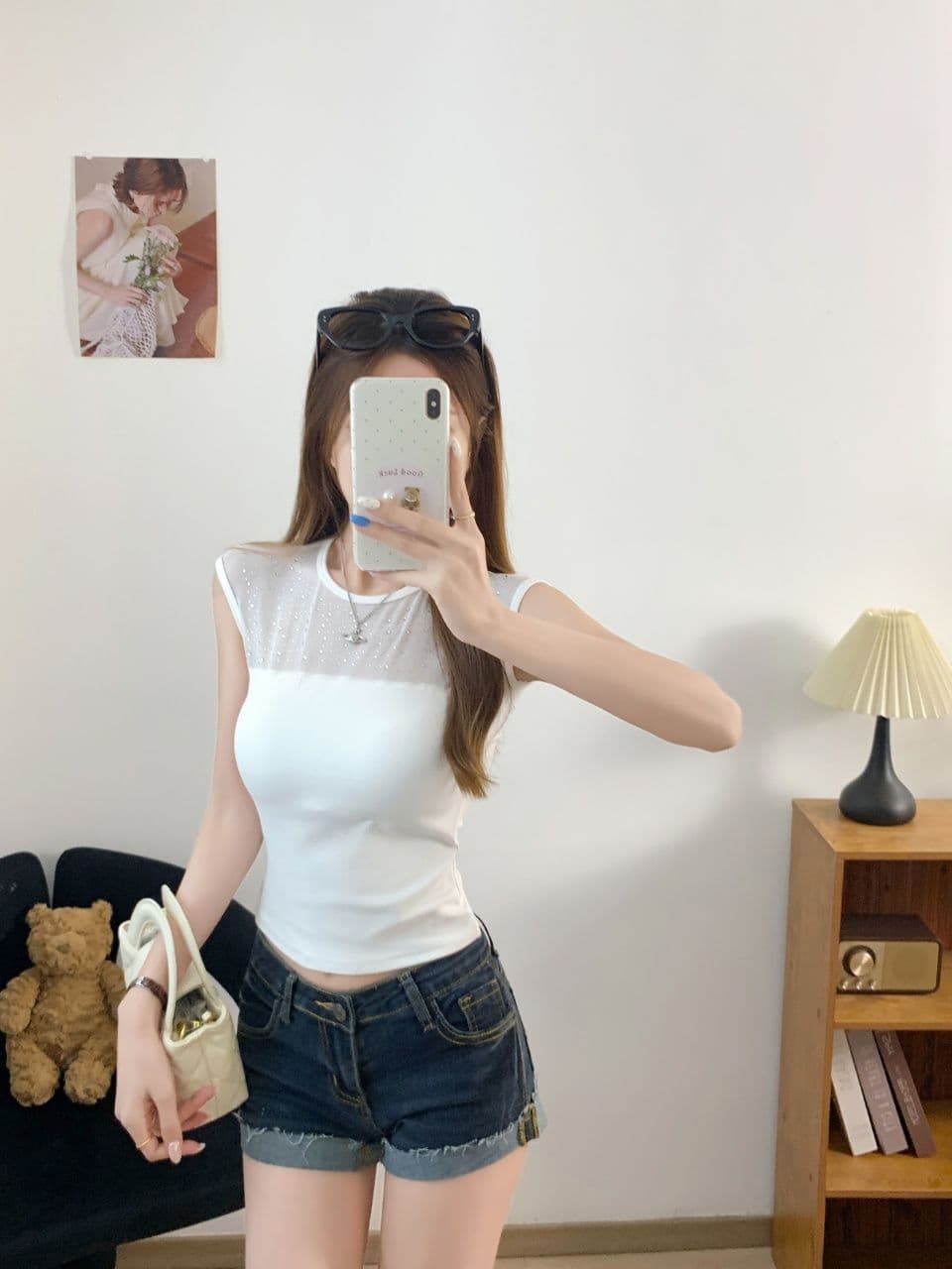 한 부서 핫픽스 망사 패치워크 민소매 티셔츠 여성 여름 순수한 욕망 바람 섹시함 품격 라운드 넥 몸매 가꾸기 슬림해 보이는 맨위 상세 이미지 14