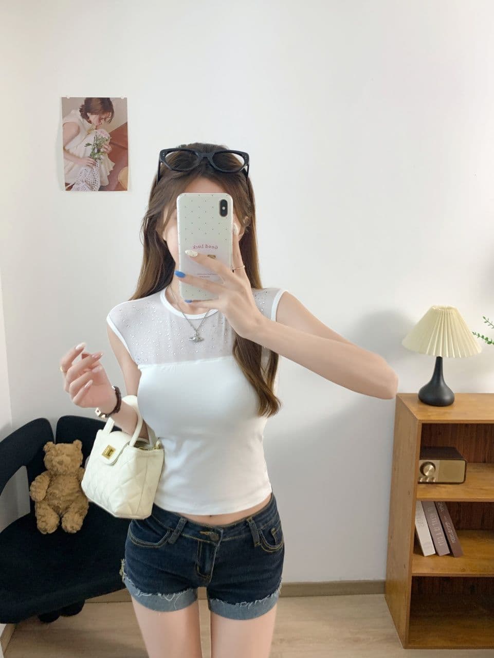 한 부서 핫픽스 망사 패치워크 민소매 티셔츠 여성 여름 순수한 욕망 바람 섹시함 품격 라운드 넥 몸매 가꾸기 슬림해 보이는 맨위 상세 이미지 15