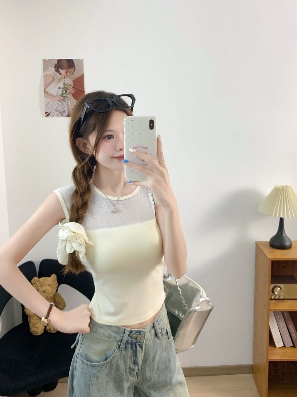 한 부서 핫픽스 망사 패치워크 민소매 티셔츠 여성 여름 순수한 욕망 바람 섹시함 품격 라운드 넥 몸매 가꾸기 슬림해 보이는 맨위 상세 이미지 17