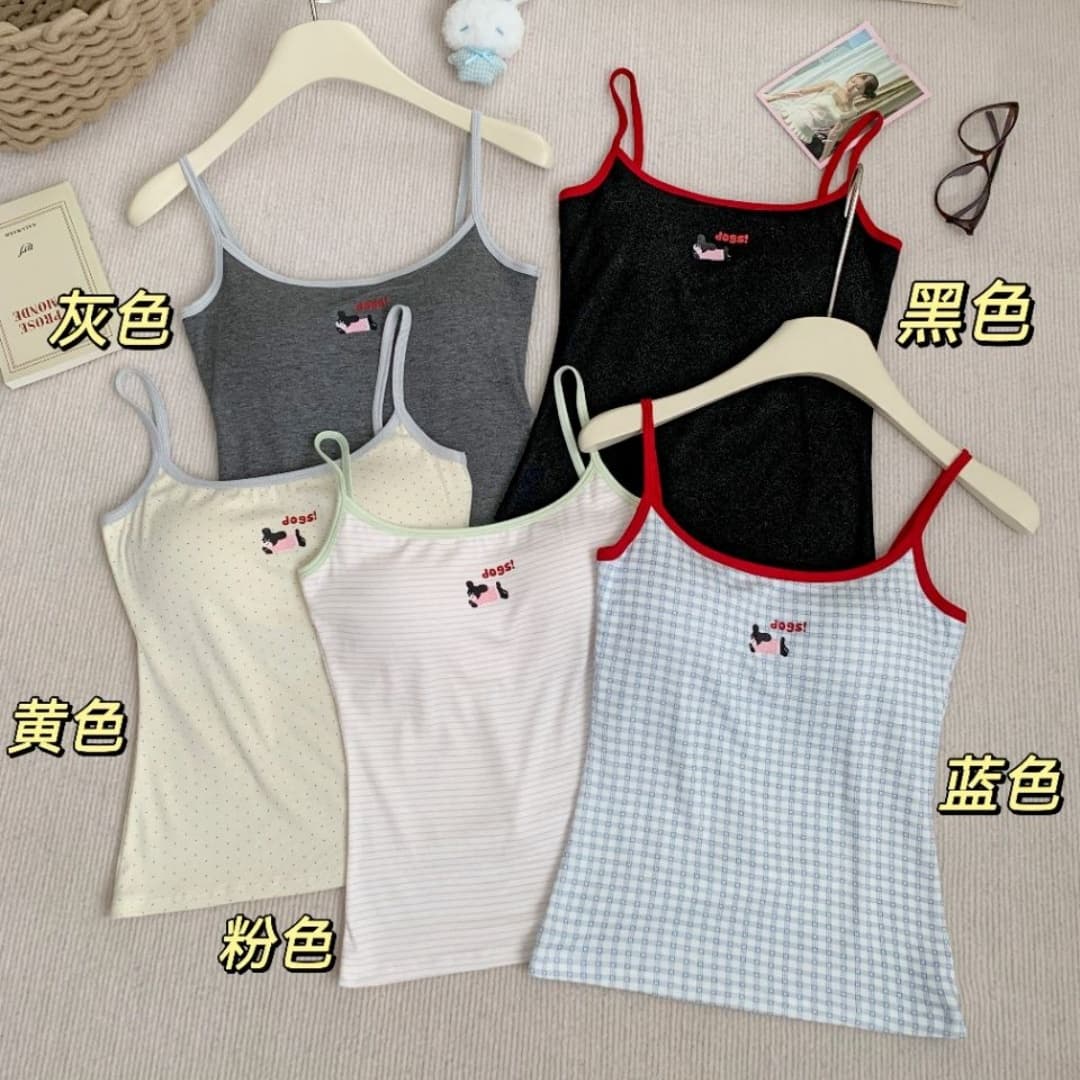 만화 강아지 자수 배색 캐미솔 여름 몸매 가꾸기 인사이드 가져 가라. 슬림해 보이는 만나는 쇼트 스타일 켜기 벨트 가슴 패드 이미지 5