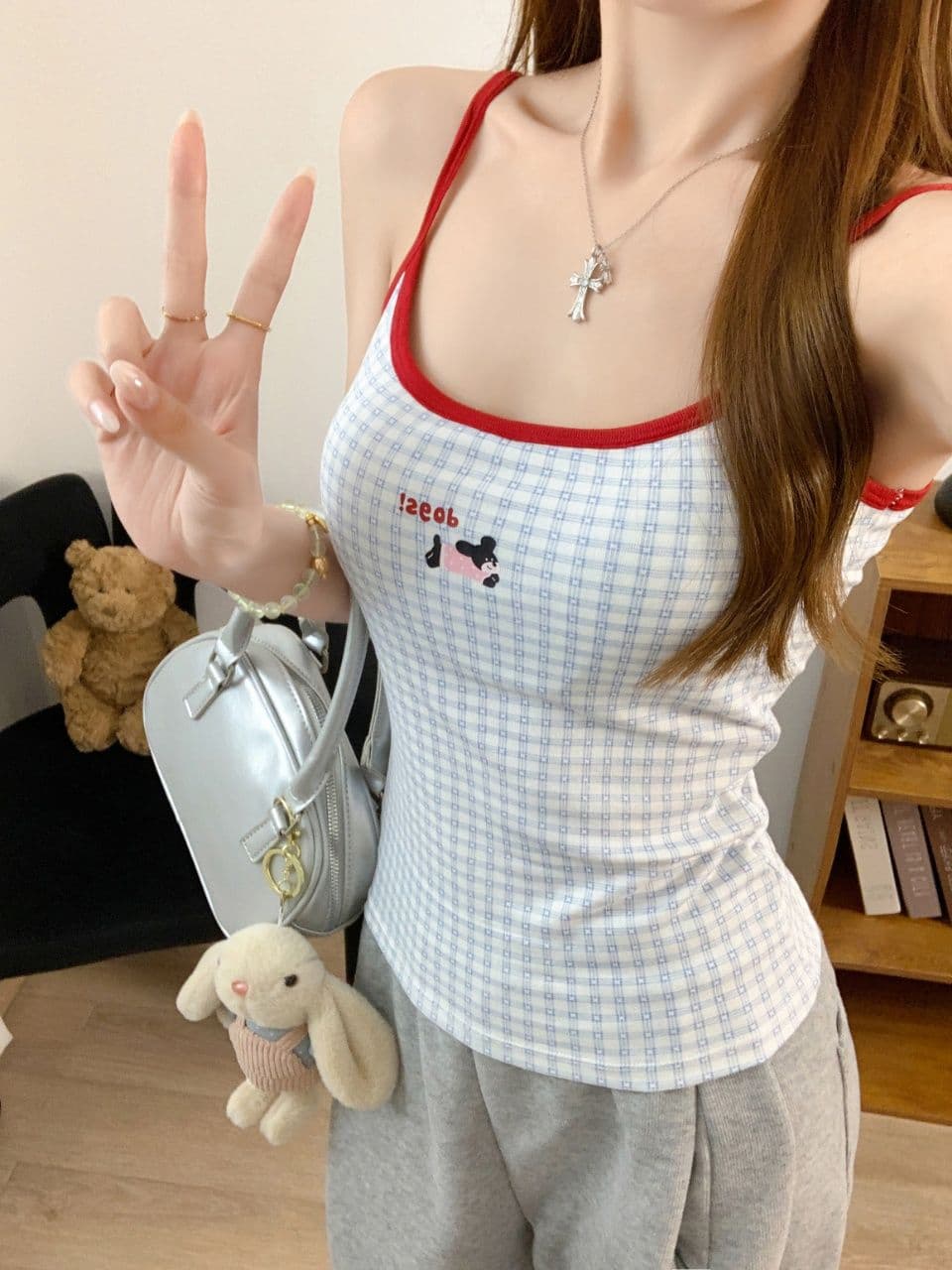 만화 강아지 자수 배색 캐미솔 여름 몸매 가꾸기 인사이드 가져 가라. 슬림해 보이는 만나는 쇼트 스타일 켜기 벨트 가슴 패드 상세 이미지 1