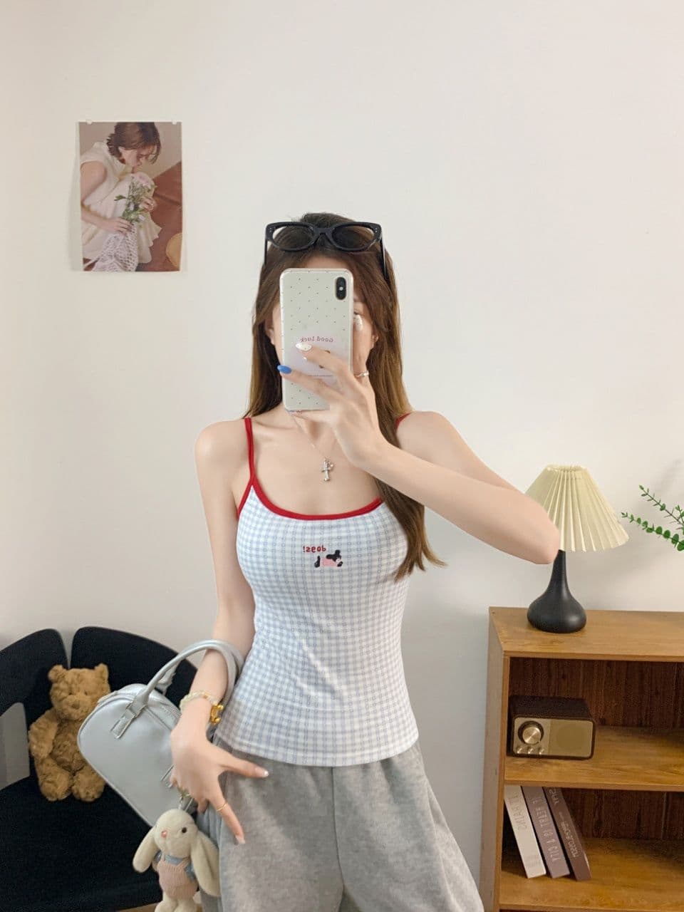 만화 강아지 자수 배색 캐미솔 여름 몸매 가꾸기 인사이드 가져 가라. 슬림해 보이는 만나는 쇼트 스타일 켜기 벨트 가슴 패드 상세 이미지 2