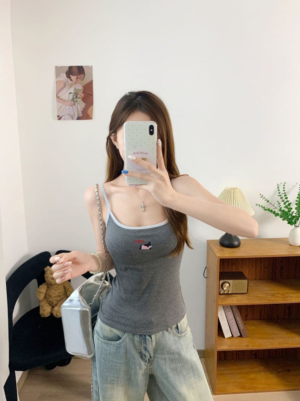 만화 강아지 자수 배색 캐미솔 여름 몸매 가꾸기 인사이드 가져 가라. 슬림해 보이는 만나는 쇼트 스타일 켜기 벨트 가슴 패드 상세 이미지 6