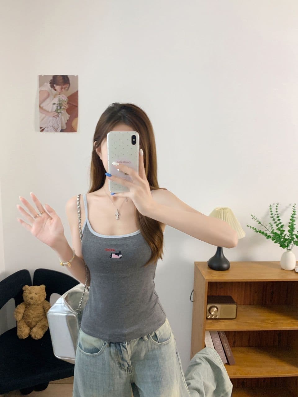 만화 강아지 자수 배색 캐미솔 여름 몸매 가꾸기 인사이드 가져 가라. 슬림해 보이는 만나는 쇼트 스타일 켜기 벨트 가슴 패드 상세 이미지 8