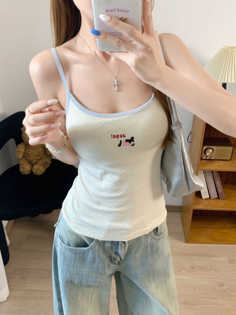 만화 강아지 자수 배색 캐미솔 여름 몸매 가꾸기 인사이드 가져 가라. 슬림해 보이는 만나는 쇼트 스타일 켜기 벨트 가슴 패드 상세 이미지 11