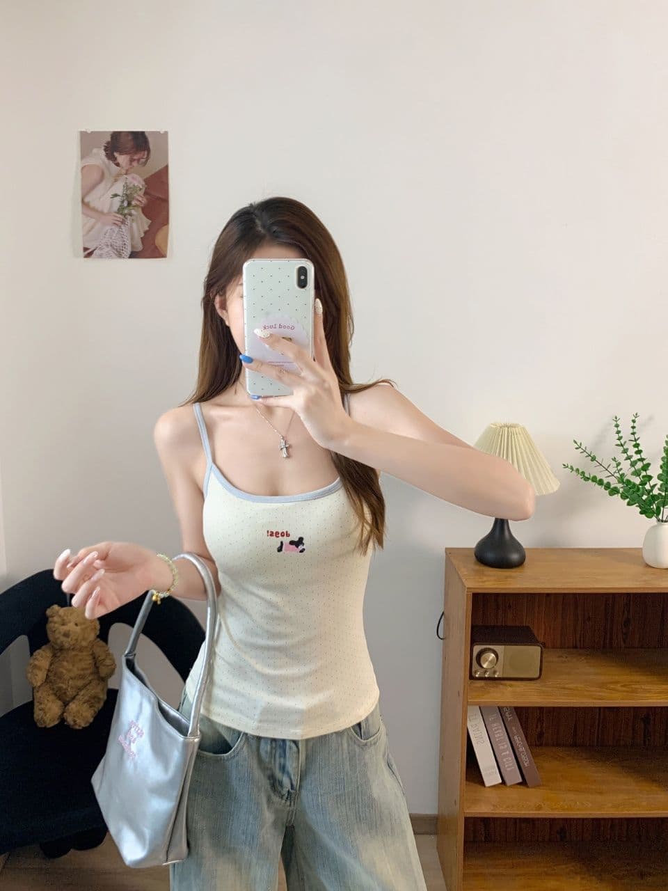 만화 강아지 자수 배색 캐미솔 여름 몸매 가꾸기 인사이드 가져 가라. 슬림해 보이는 만나는 쇼트 스타일 켜기 벨트 가슴 패드 상세 이미지 12