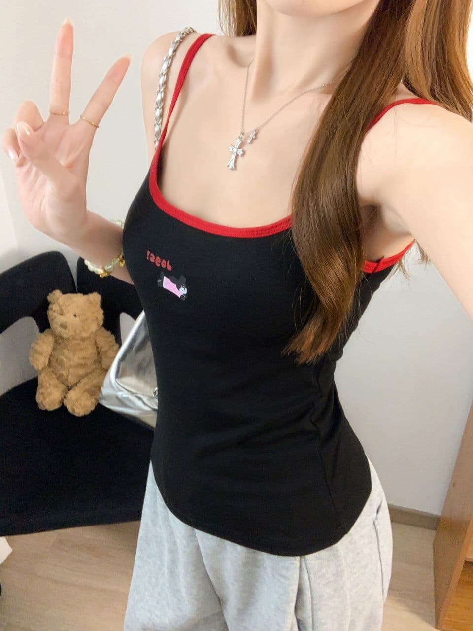 만화 강아지 자수 배색 캐미솔 여름 몸매 가꾸기 인사이드 가져 가라. 슬림해 보이는 만나는 쇼트 스타일 켜기 벨트 가슴 패드 상세 이미지 13