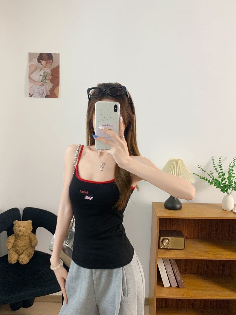 만화 강아지 자수 배색 캐미솔 여름 몸매 가꾸기 인사이드 가져 가라. 슬림해 보이는 만나는 쇼트 스타일 켜기 벨트 가슴 패드 상세 이미지 14