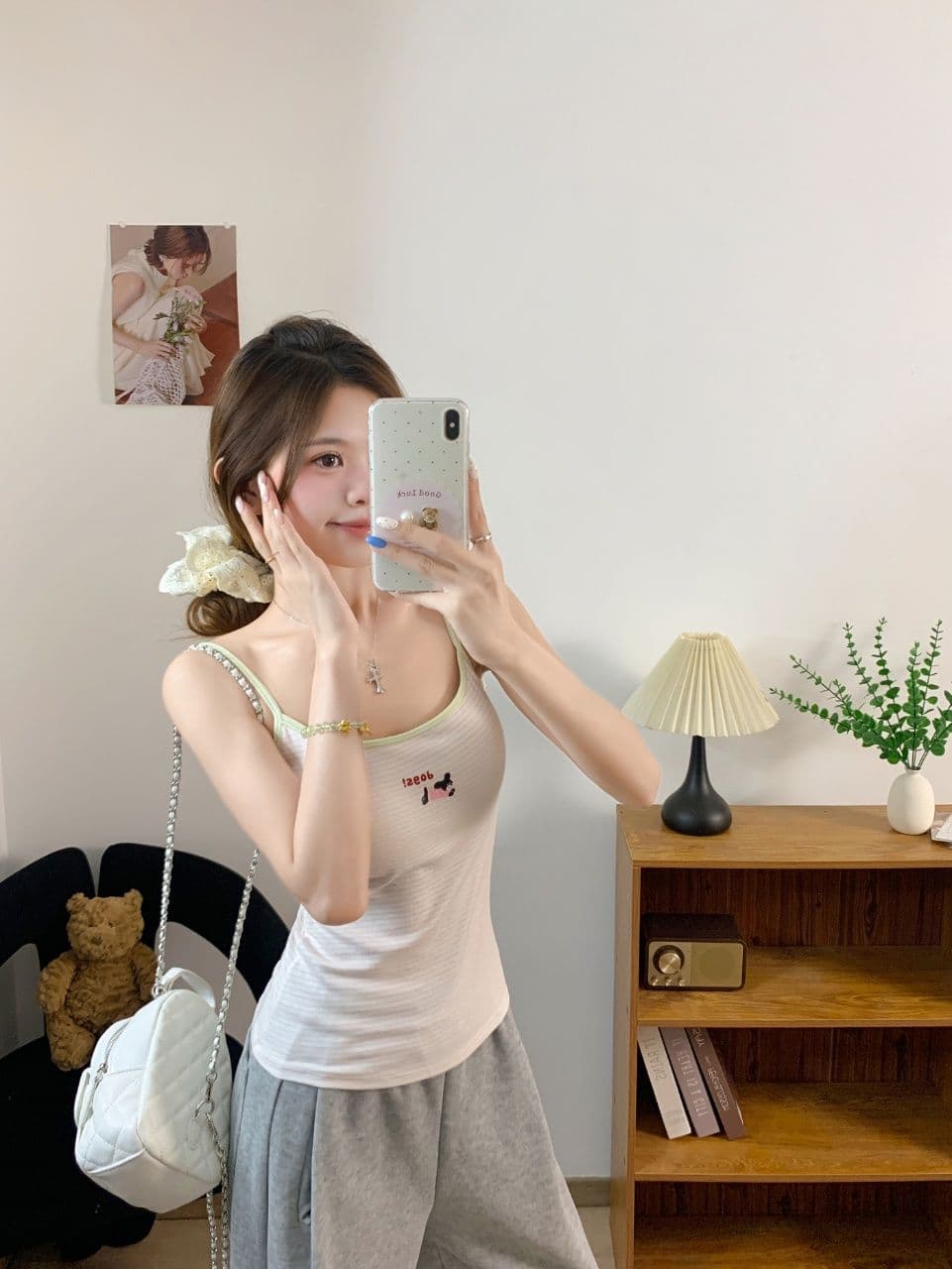 만화 강아지 자수 배색 캐미솔 여름 몸매 가꾸기 인사이드 가져 가라. 슬림해 보이는 만나는 쇼트 스타일 켜기 벨트 가슴 패드 상세 이미지 19