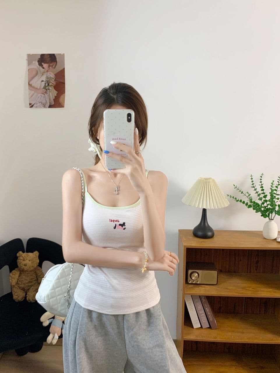 만화 강아지 자수 배색 캐미솔 여름 몸매 가꾸기 인사이드 가져 가라. 슬림해 보이는 만나는 쇼트 스타일 켜기 벨트 가슴 패드 상세 이미지 20