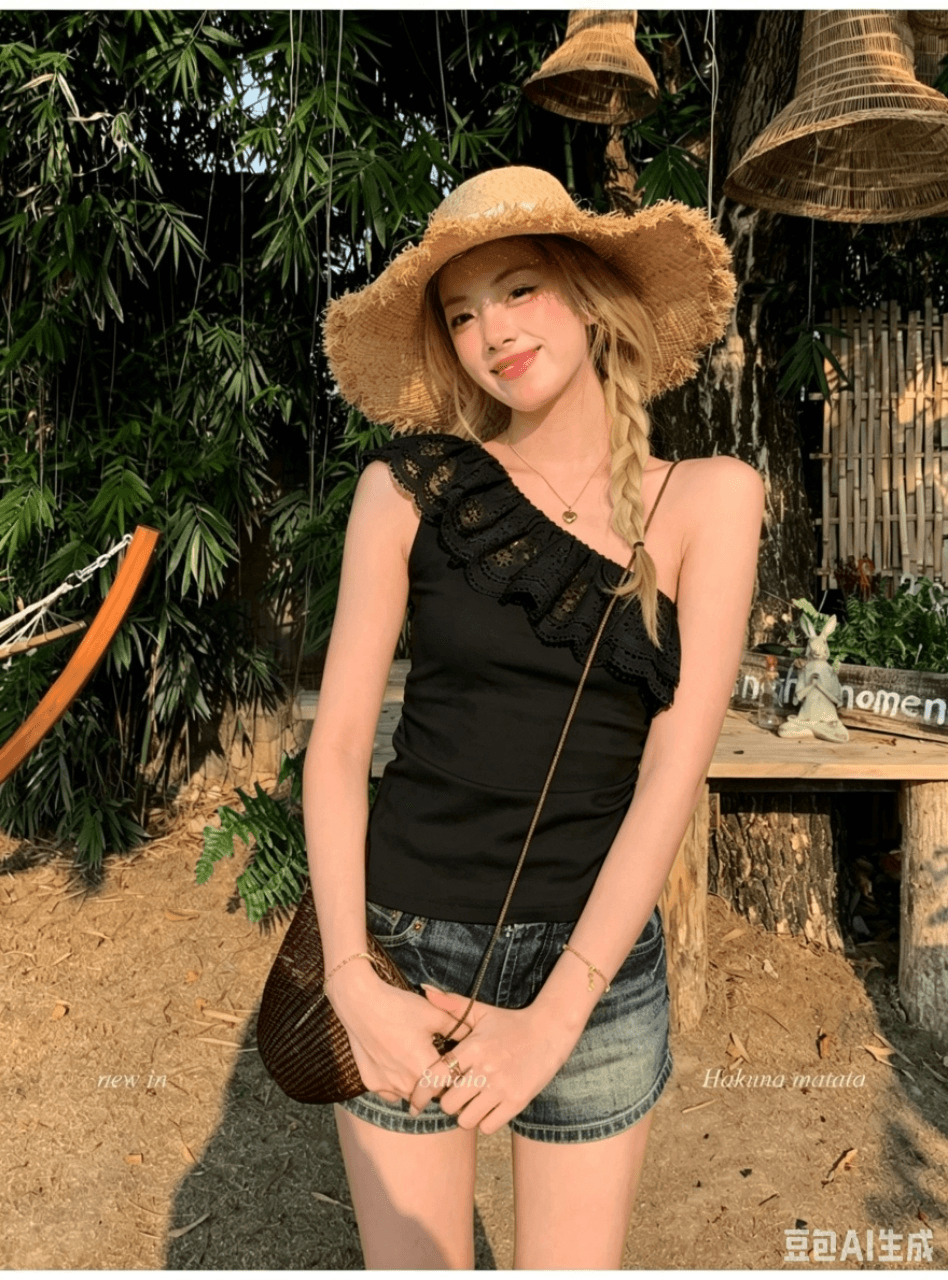 법률 시스템 레트로 레이스 프릴 비스듬한 어깨 반팔 티셔츠 여성 여름 디자인 센스 몸매 가꾸기 슬림해 보이는 다용도 맨위 트렌디 상세 이미지 4