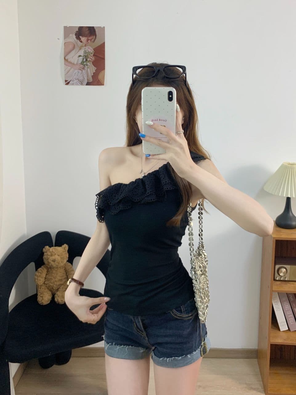 법률 시스템 레트로 레이스 프릴 비스듬한 어깨 반팔 티셔츠 여성 여름 디자인 센스 몸매 가꾸기 슬림해 보이는 다용도 맨위 트렌디 상세 이미지 5