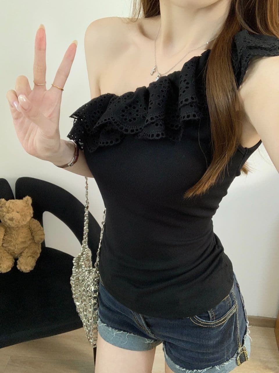 법률 시스템 레트로 레이스 프릴 비스듬한 어깨 반팔 티셔츠 여성 여름 디자인 센스 몸매 가꾸기 슬림해 보이는 다용도 맨위 트렌디 상세 이미지 8