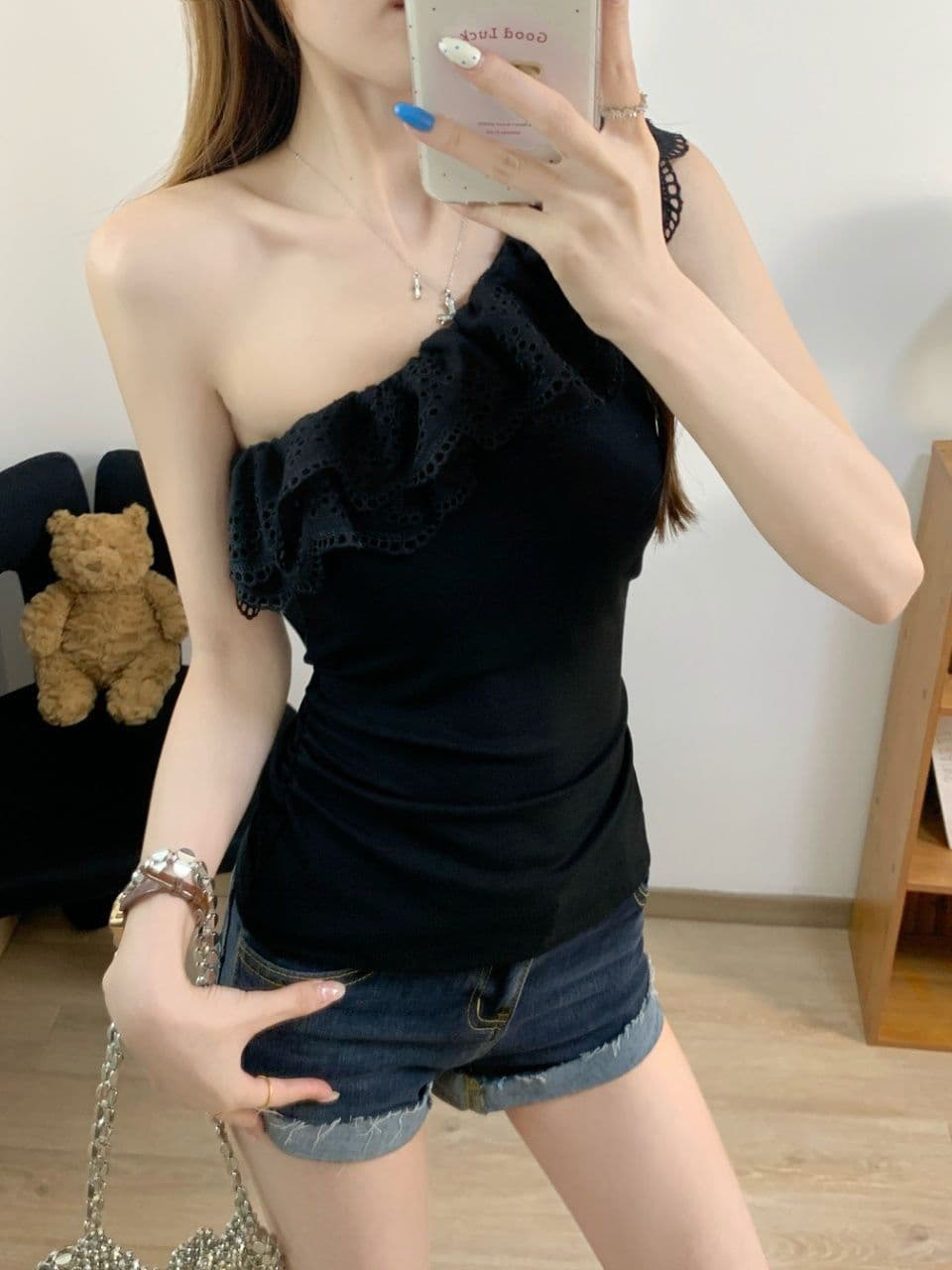 법률 시스템 레트로 레이스 프릴 비스듬한 어깨 반팔 티셔츠 여성 여름 디자인 센스 몸매 가꾸기 슬림해 보이는 다용도 맨위 트렌디 상세 이미지 9