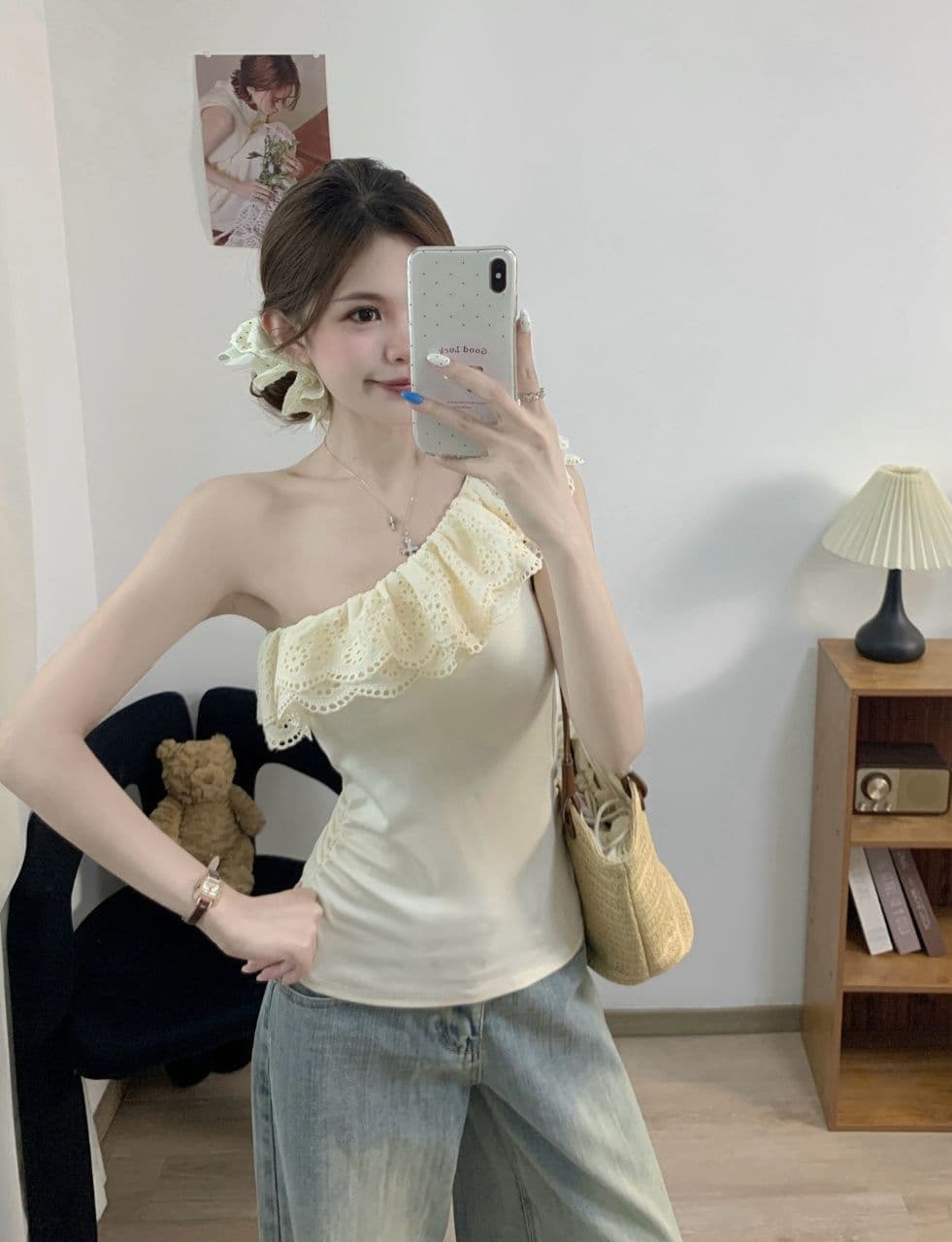 법률 시스템 레트로 레이스 프릴 비스듬한 어깨 반팔 티셔츠 여성 여름 디자인 센스 몸매 가꾸기 슬림해 보이는 다용도 맨위 트렌디 상세 이미지 11