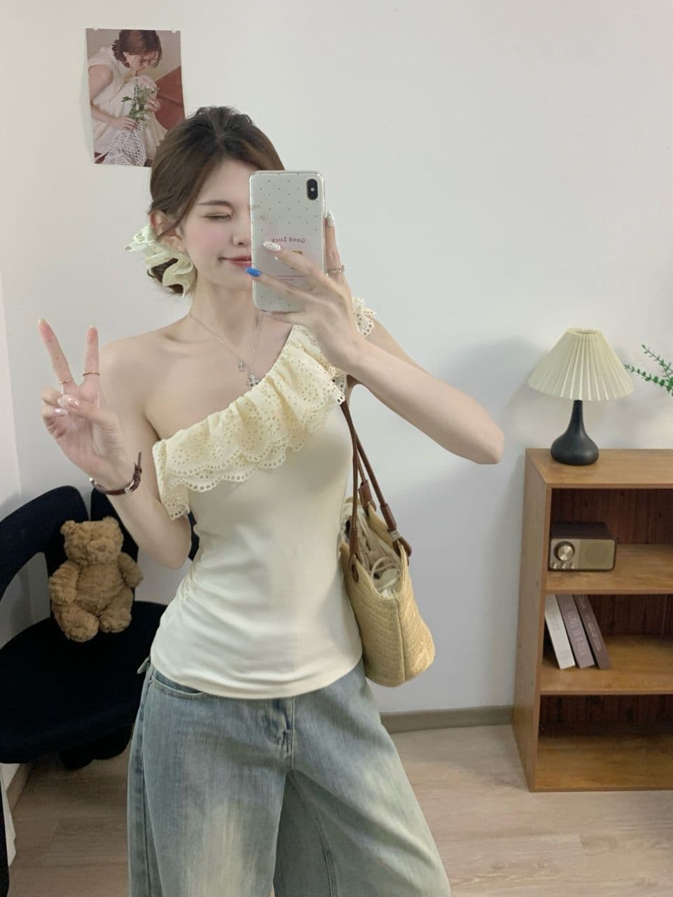 법률 시스템 레트로 레이스 프릴 비스듬한 어깨 반팔 티셔츠 여성 여름 디자인 센스 몸매 가꾸기 슬림해 보이는 다용도 맨위 트렌디 상세 이미지 12