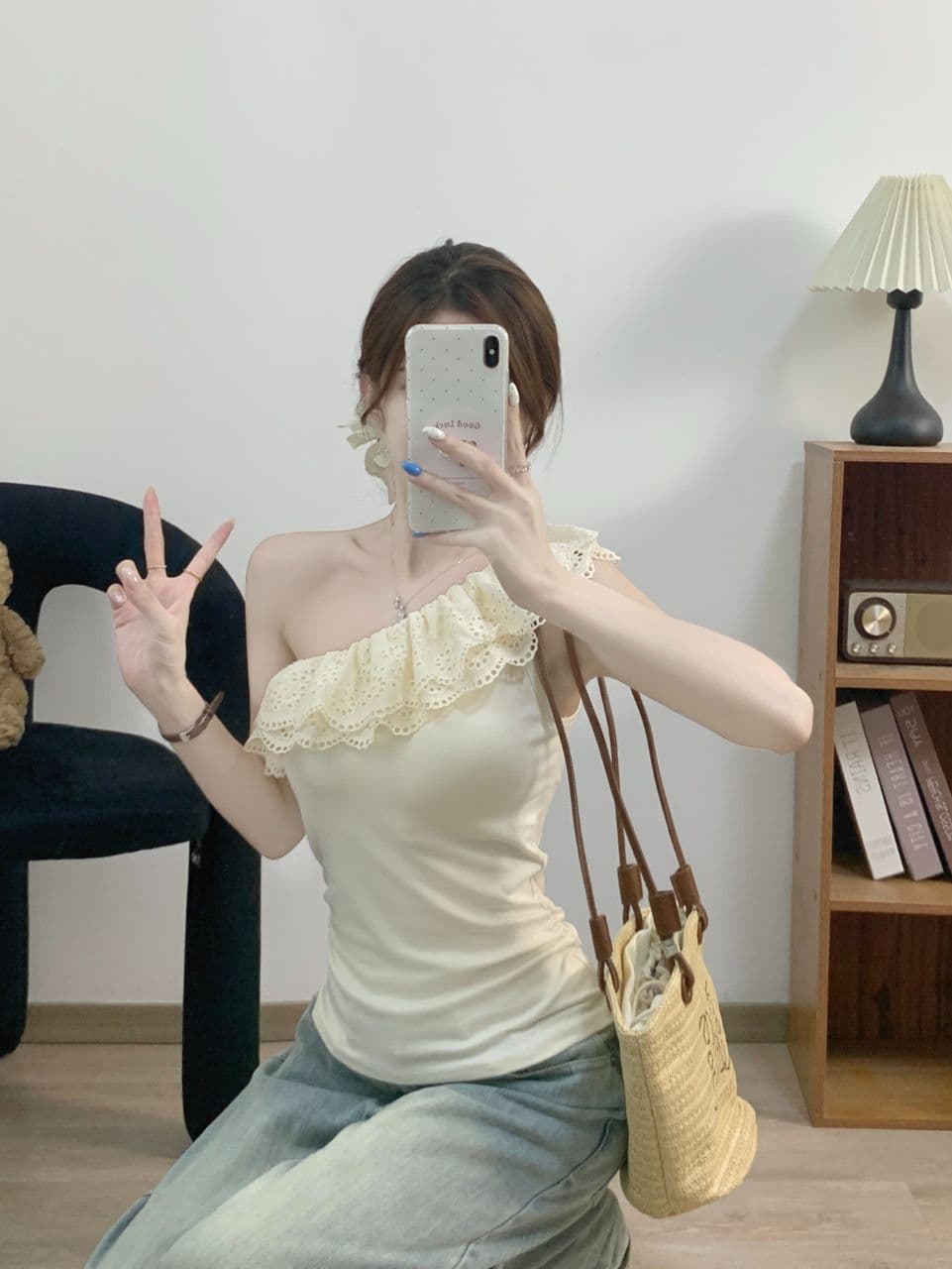 법률 시스템 레트로 레이스 프릴 비스듬한 어깨 반팔 티셔츠 여성 여름 디자인 센스 몸매 가꾸기 슬림해 보이는 다용도 맨위 트렌디 상세 이미지 15